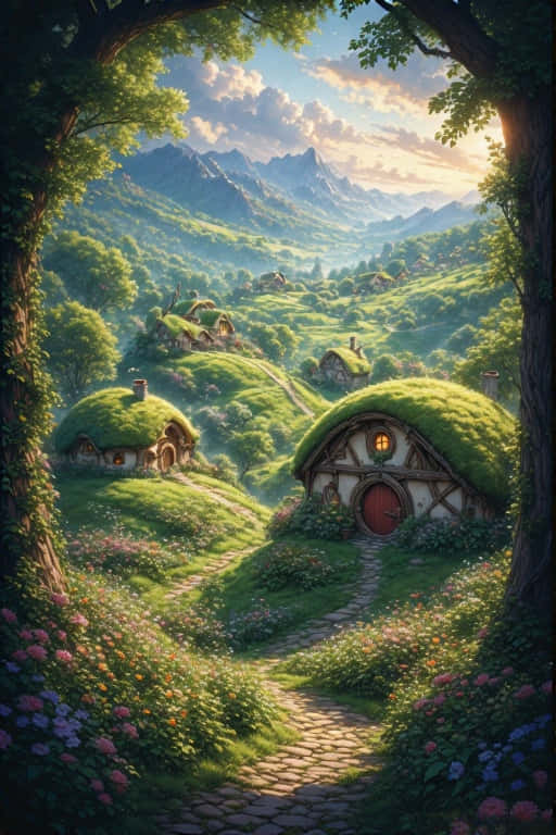 Hobbiton Hills and Hobbit Houses Fantasy 4K 壁紙 — 一條石徑蜿蜒穿過鮮豔的野花，通往坐落在起伏的綠色山丘中、屋頂長滿苔蘚的小屋，上方是明亮的天空。