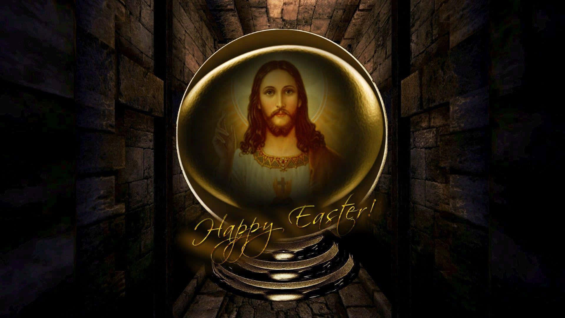 Religious Easter 桌布 壁紙 — 一條石頭走廊中的金色水晶球展示了一幅寧靜的耶穌肖像，下方寫有「Happy Easter!」。