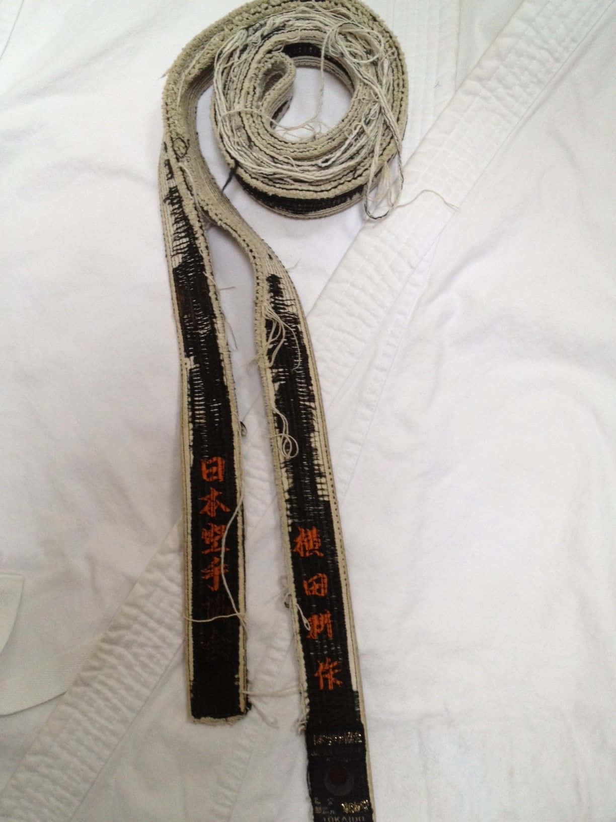 Martial Arts Uniform 桌布 壁紙 — 一條磨損的紅色日文字空手道腰帶捲曲在白色道服上。