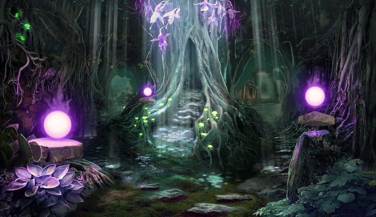 magical 桌布 壁紙 — 一條神秘森林小徑，在古老樹冠下被發光的紫色球體和生物發光植物照亮。