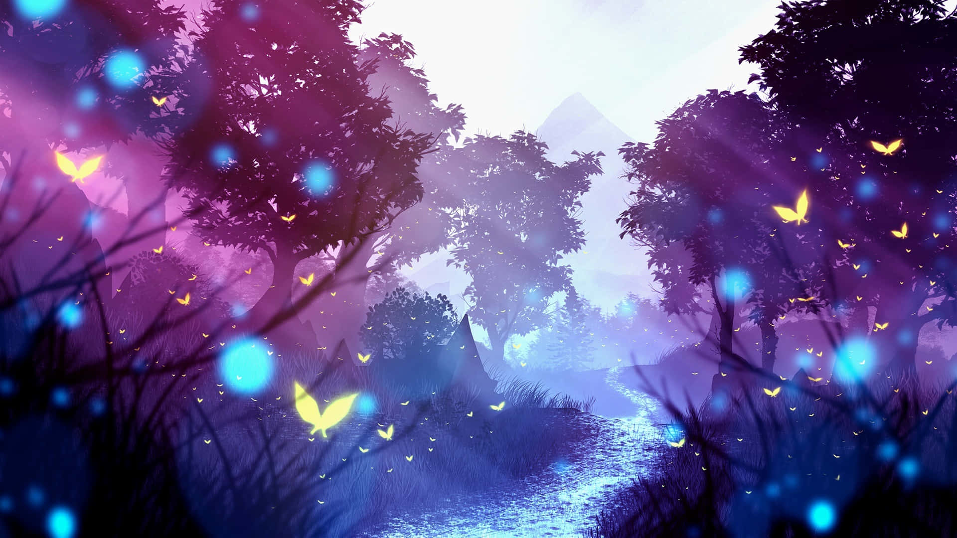 Butterfly Art 桌布 壁紙 — 一條神秘森林小徑，在紫色暮色天空下閃爍著藍色光芒和黃色螢火蟲。