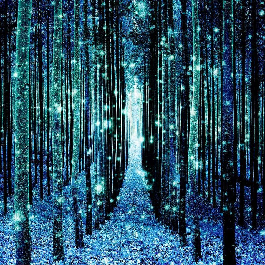 magical 桌布 壁紙 — 一條神秘森林小徑，在高聳的暗黑樹木之間閃爍著電光藍光。