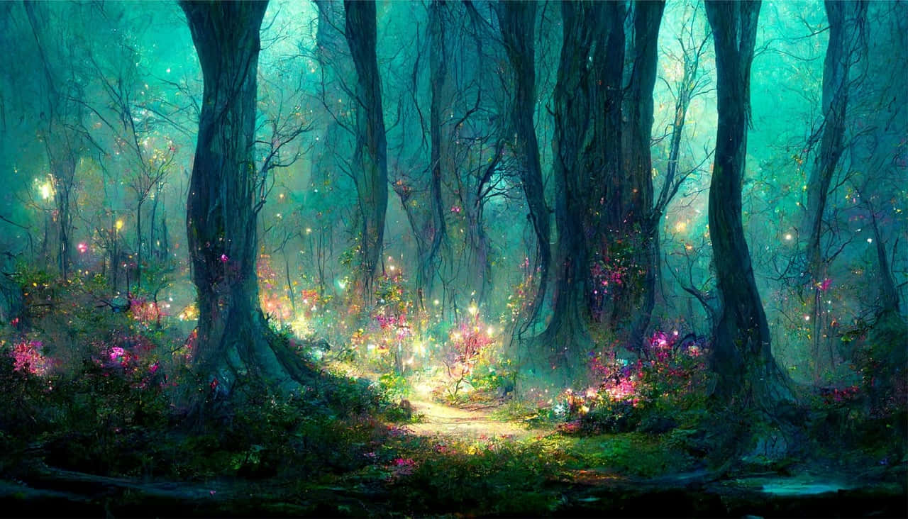 magical 桌布 壁紙 — 一條神秘森林小徑在參天古樹下閃爍著生物發光的花朵和漂浮的光芒。