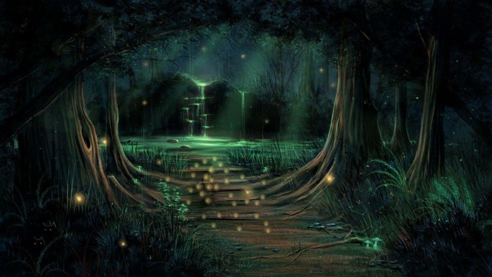 Fairy Forest 桌布 壁紙 — 一條神秘森林小徑散發著生物發光的光芒，引領至黑暗樹冠下閃耀的瀑布。