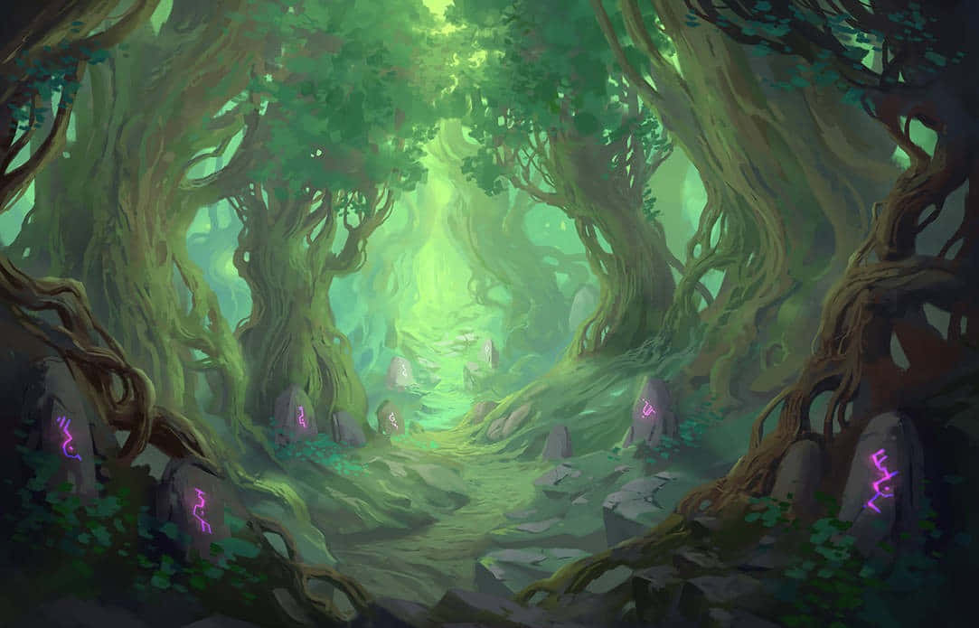magical 桌布 壁紙 — 一條神秘森林小徑散發著空靈的綠光，古老的扭曲樹木環繞著長滿青苔的石頭上發光的紫色符文。