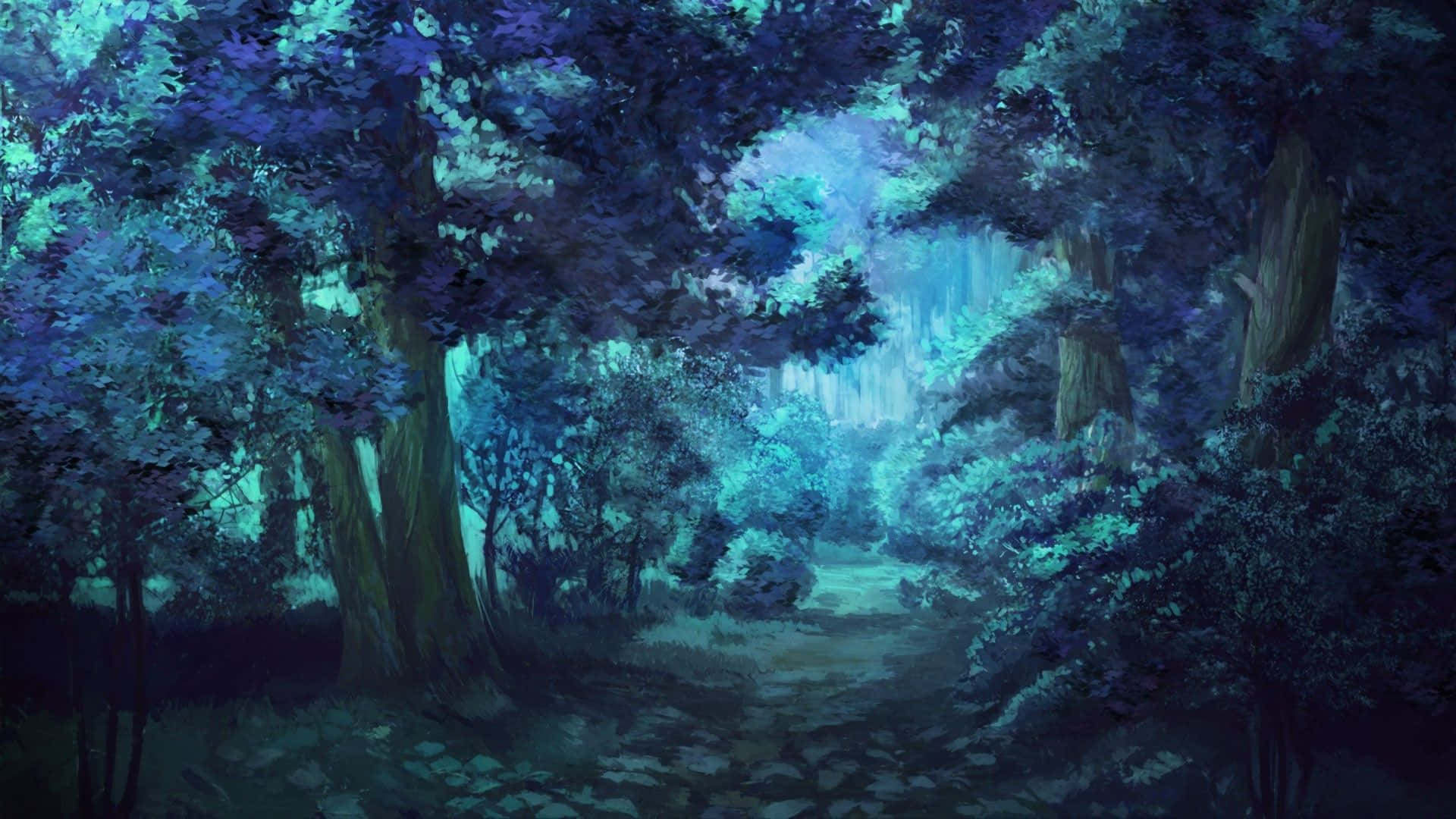Anime Forest 桌布 壁紙 — 一條神秘森林小徑沐浴在穿過茂密樹冠的夢幻藍色和藍綠色光線中。