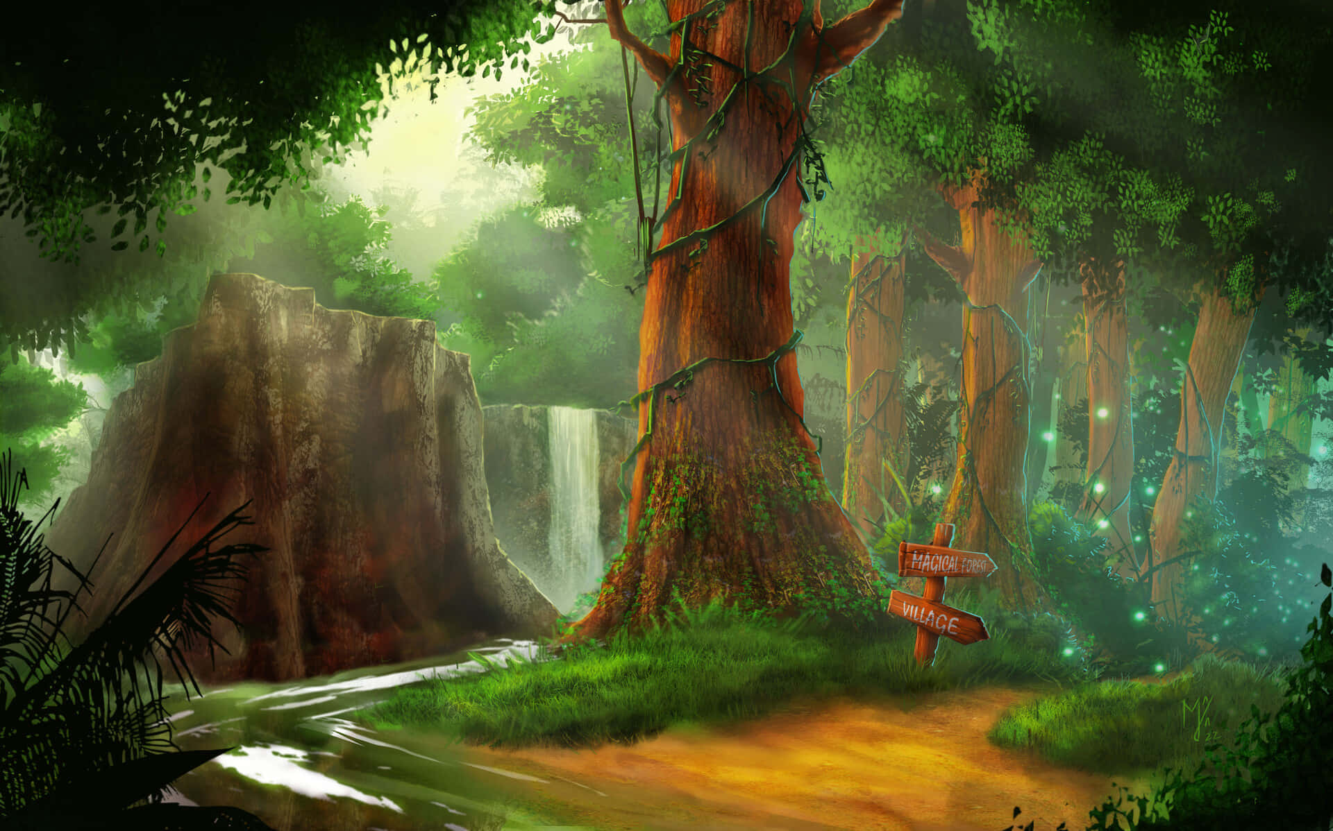 Animated Forest 桌布 壁紙 — 一條神秘森林小徑蜿蜒穿過古樹和帶有發光燈光的瀑布，並有一個指向「村莊」和「魔法之地」的路標。