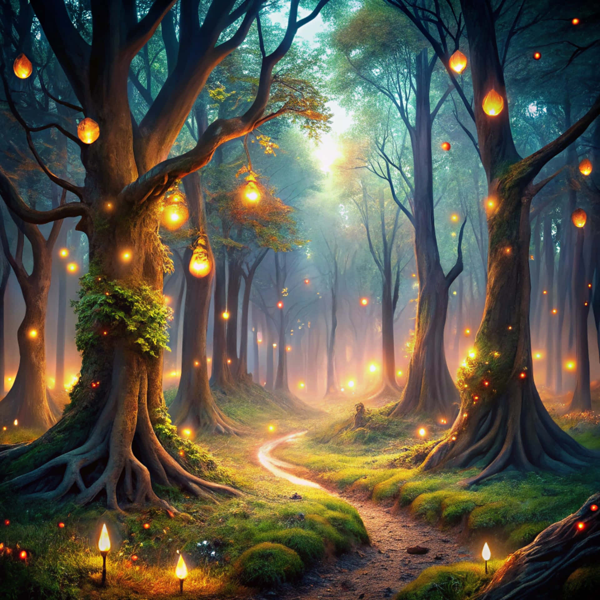 Enchanting forest with trees 壁紙 — 一條神秘森林小徑蜿蜒穿過古老樹木，樹木在溫暖燈籠和柔和薄霧中閃耀。