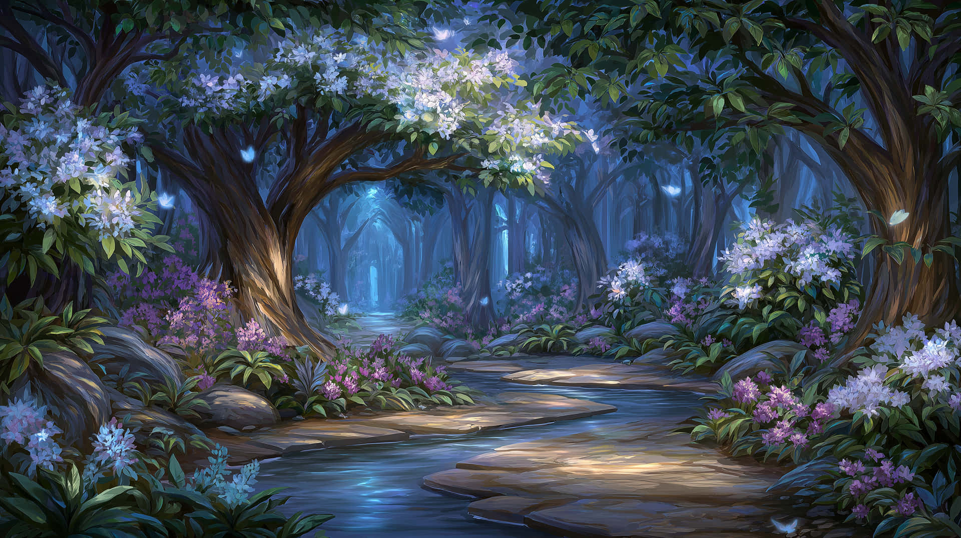 Mystical Forest Stream Winding Through Enchanted Woods 壁紙 — 一條神秘森林小徑蜿蜒穿過發光的樹木，樹上點綴著白色和紫色的花朵，在暮色天空下。