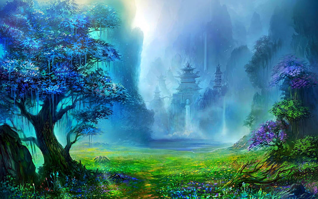 Grass 桌布 壁紙 — 一條神秘森林小徑通往一座在霧氣繚繞的山巒中、在燦爛天空下閃耀的寺廟。