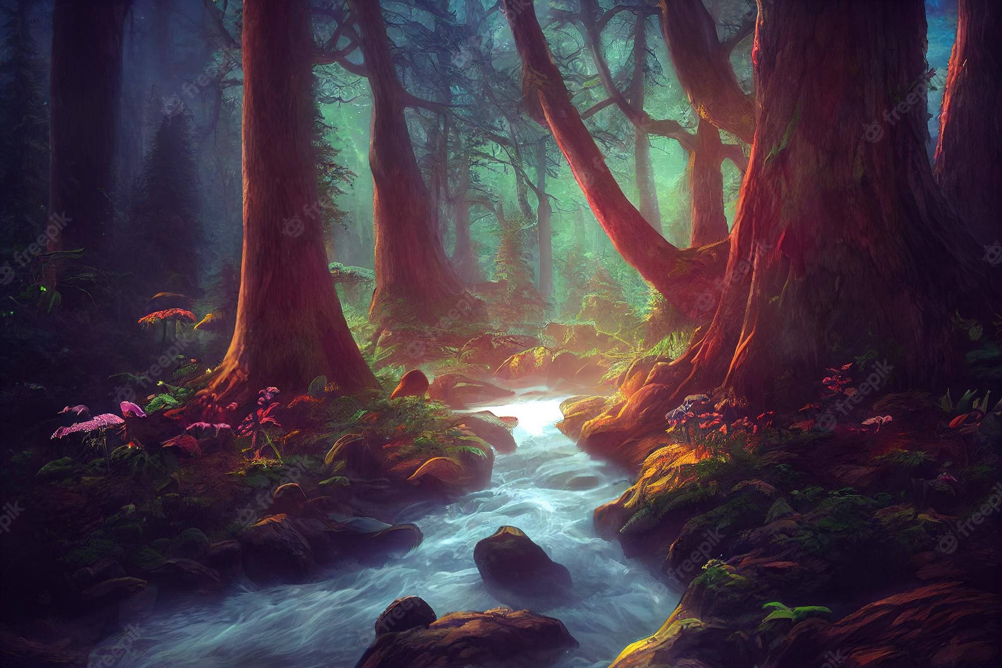 Mystical Forest 桌布 壁紙 — 一條神秘的森林溪流在古老樹木之間流淌，樹木閃爍著空靈的光芒和充滿活力的紫色花朵。