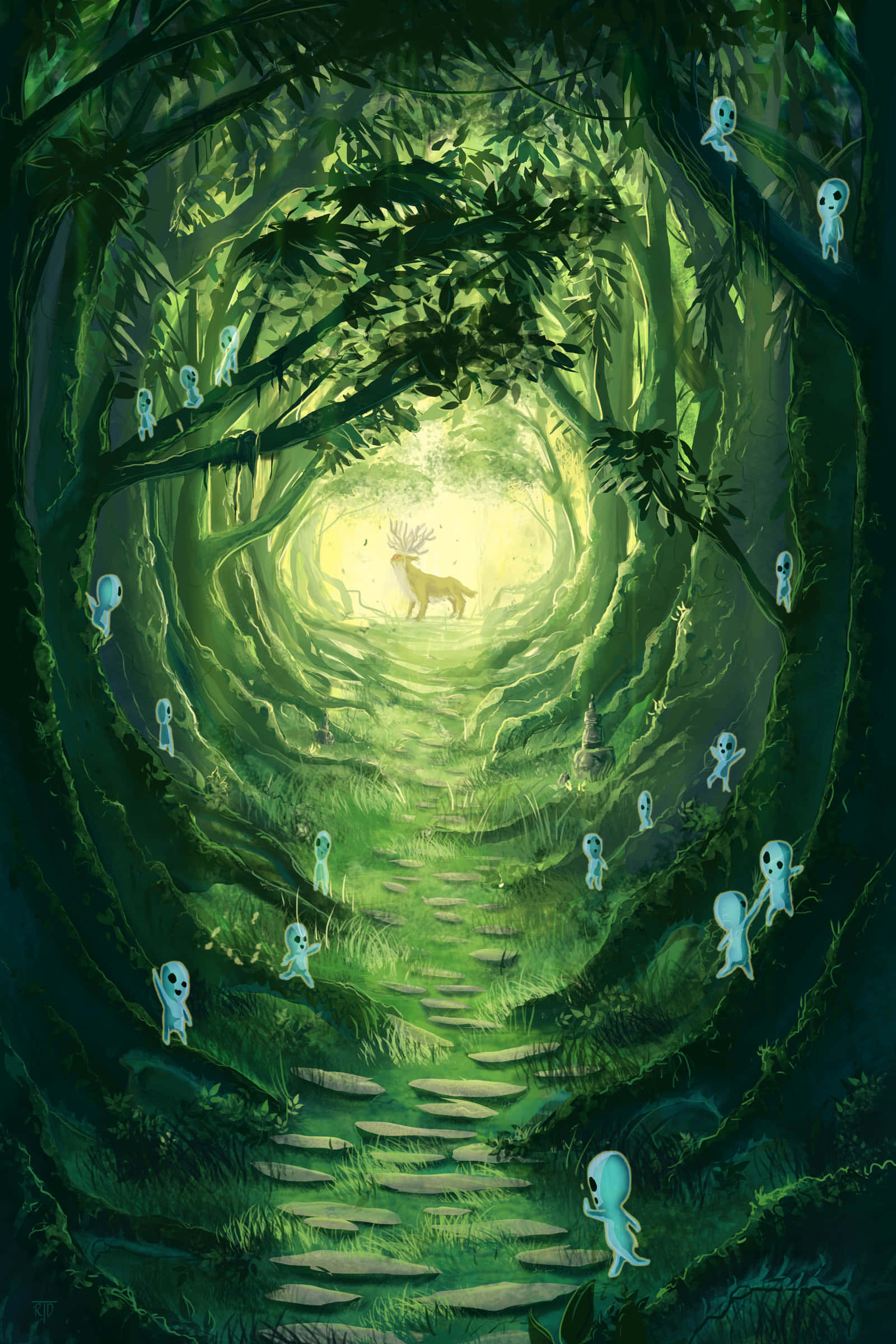 Studio Ghibli Art 桌布 壁紙 — 一條神秘的森林隧道閃爍著翠綠的光芒，發光的藍色靈魂漂浮在一條石徑周圍，通往盡頭一頭光芒四射的雄鹿。