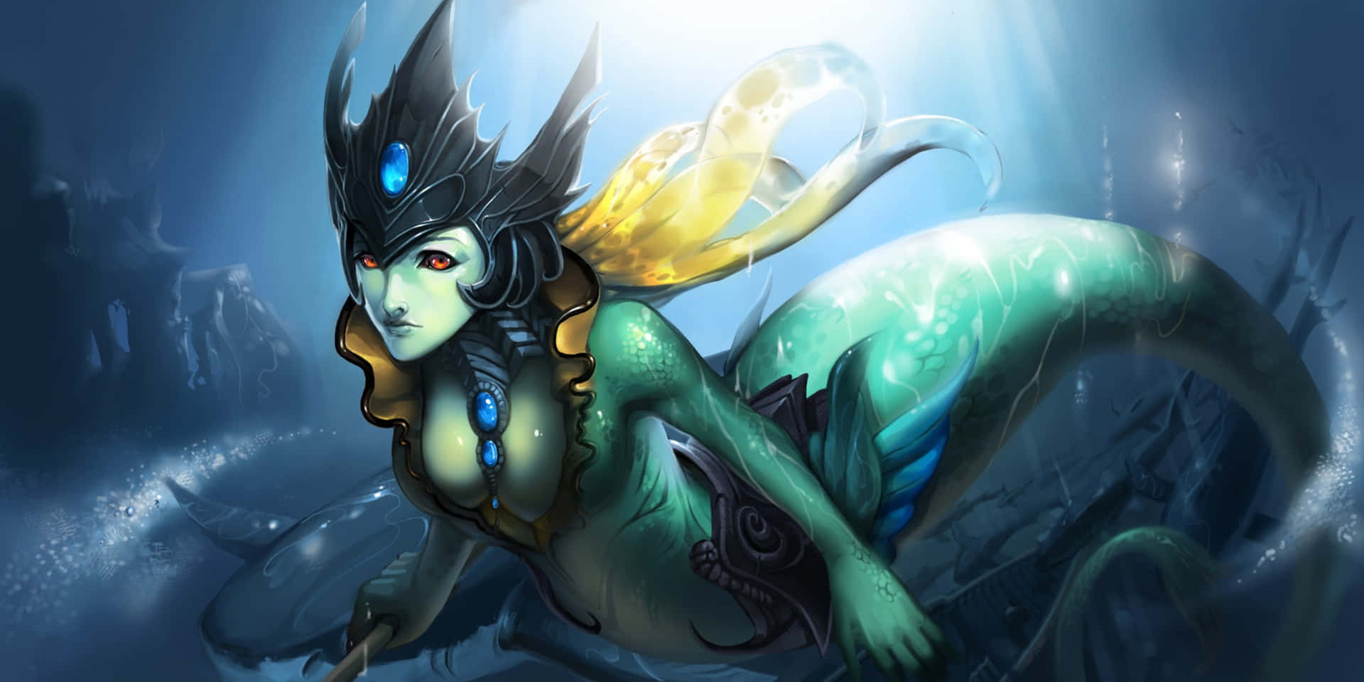 Mermaid 桌布 壁紙 — 一條神秘的美人魚，擁有發光的綠色鱗片和金色鬃毛，在陽光照耀的水下廢墟中游動。
