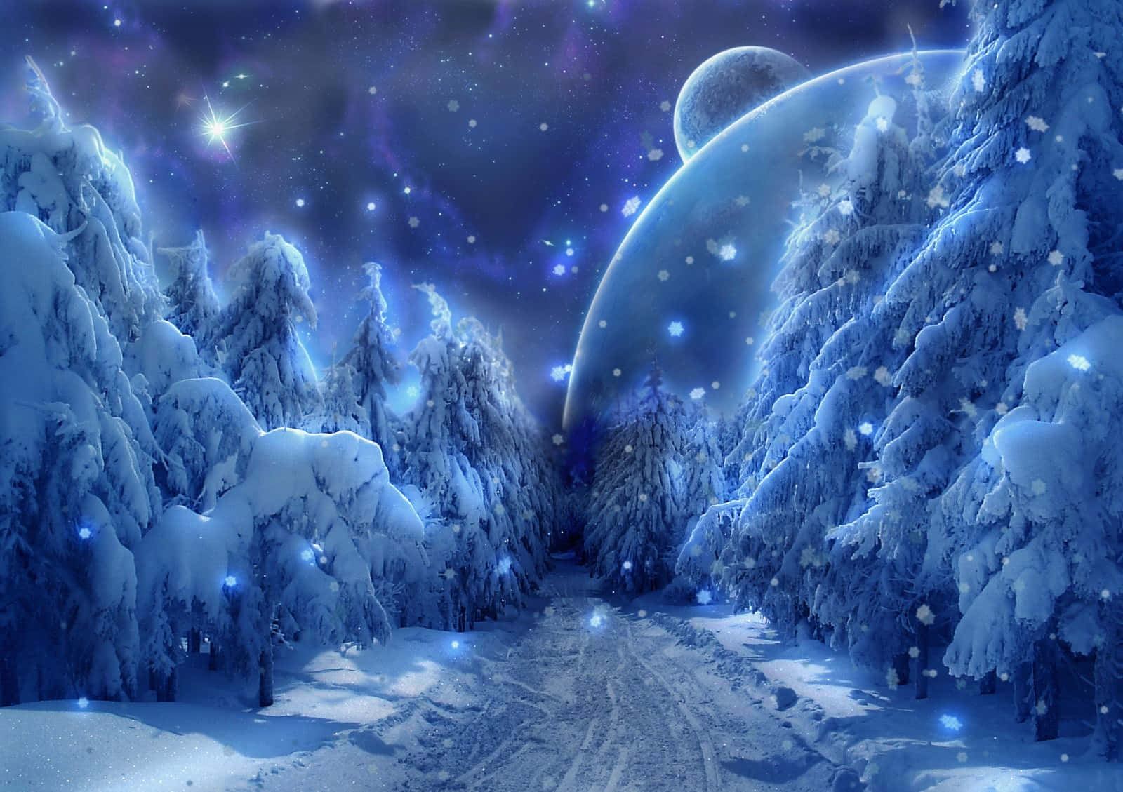 Snowing 桌布 壁紙 — 一條積雪森林小徑在星空下蜿蜒，有發光的行星和飄落的雪花。