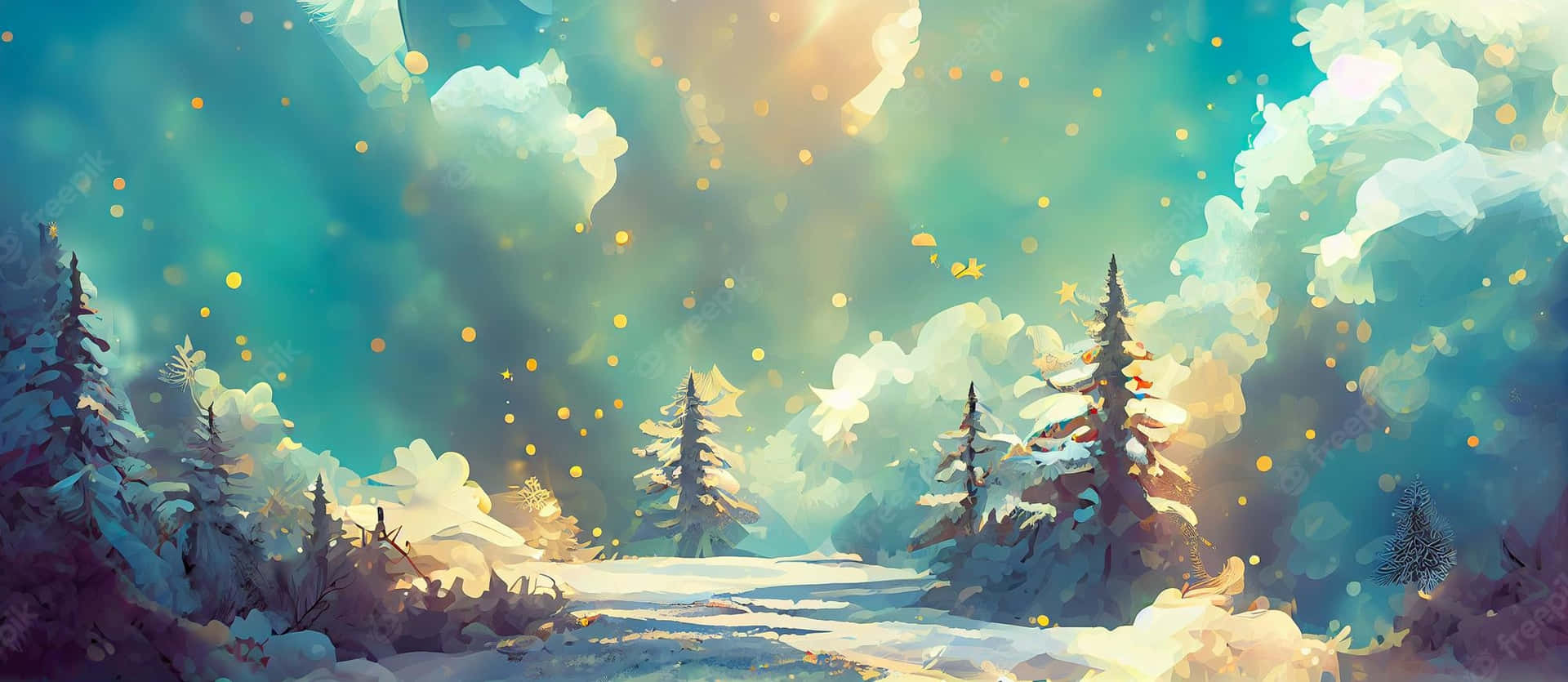 Among Trees 桌布 壁紙 — 一條積雪森林小徑蜿蜒穿過松樹，在發光的青綠色和金色天空下，漂浮著金色粒子。