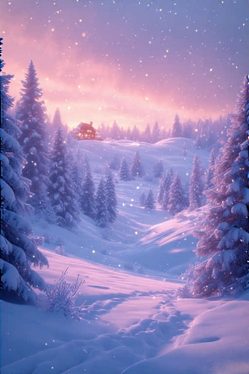 Aesthetic Minimalist Winter Landscape 壁紙 — 一條積雪森林小徑蜿蜒通向一間發光的小屋，天空是粉紫黃昏色，雪花飄落。