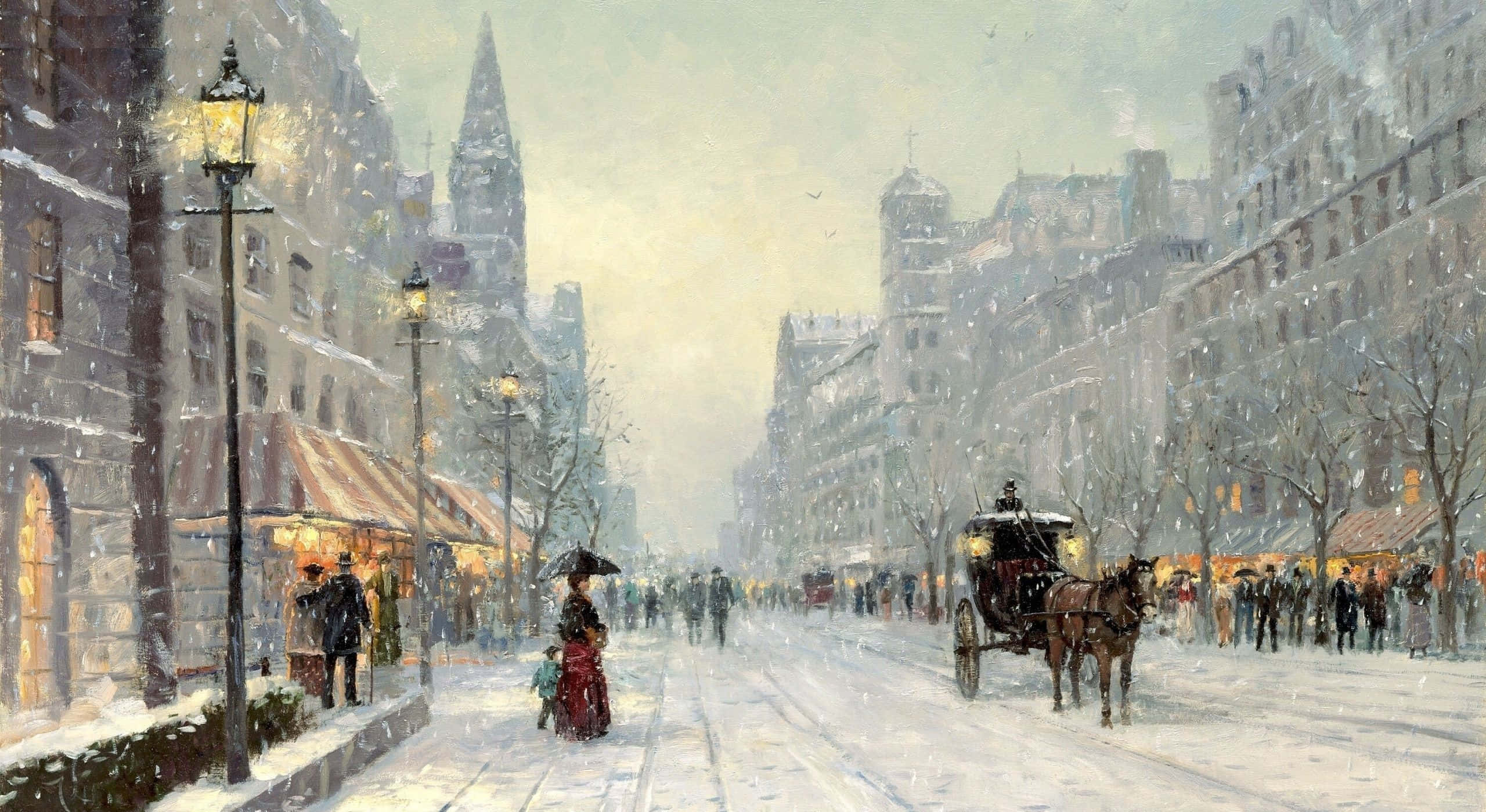 Winter Painting 桌布 壁紙 — 一條積雪的城市街道，馬車和行人絡繹不絕，雪花飄落，街燈閃爍。