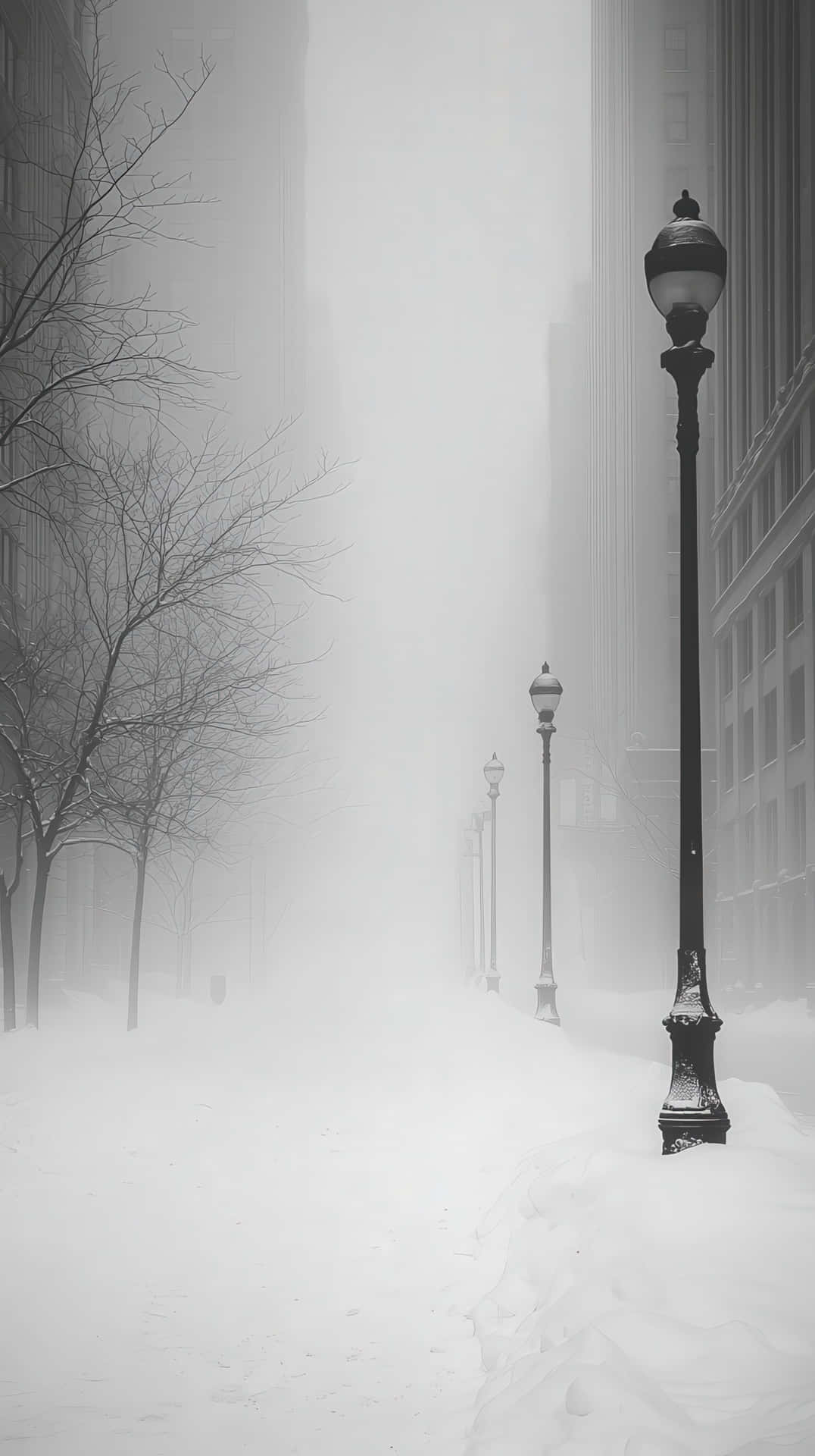 A deserted urban street blanketed in thick snow, with fog obscuring buildings. 壁紙 — 一條積雪的城市街道消失在濃霧中，復古路燈像哨兵一樣佇立在光禿禿的樹木和高樓之間。