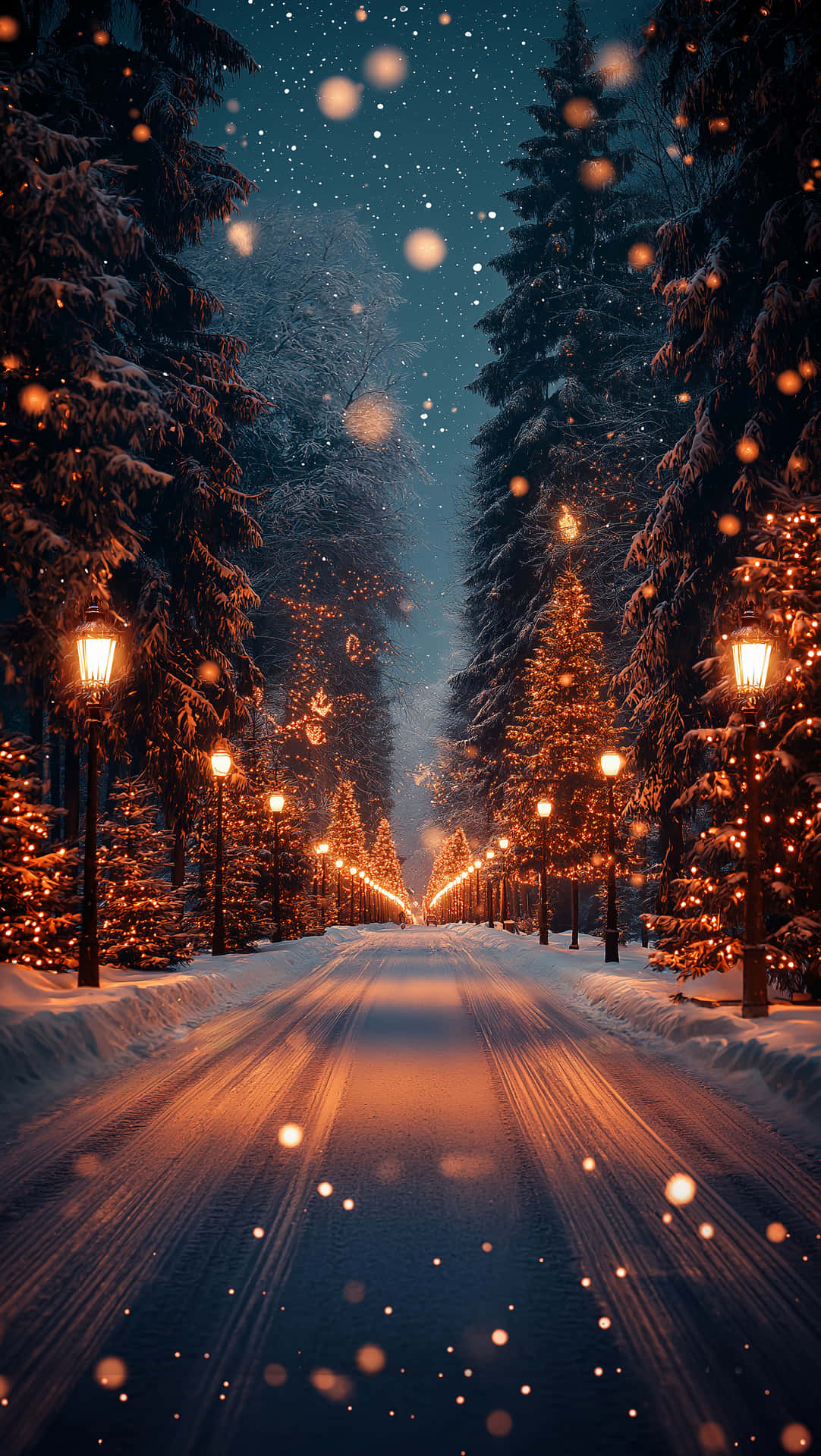 Christmas Wallpapers 壁紙 — 一條積雪的道路蜿蜒穿過高大的松樹林，在星空下被溫暖發光的街燈照亮。