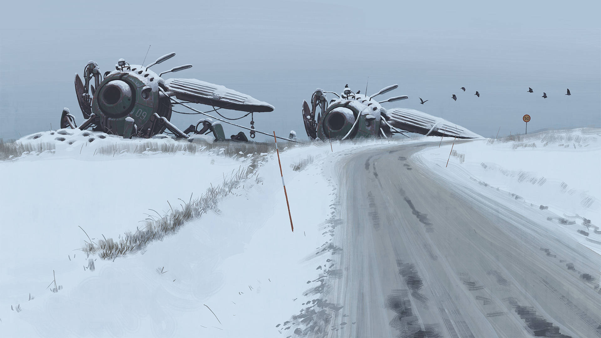 Sci Fi Landscape 桌布 壁紙 — 一條積雪的道路蜿蜒經過兩架墜毀的未來風格飛機，在灰色天空下呈現荒涼的冬季景觀。