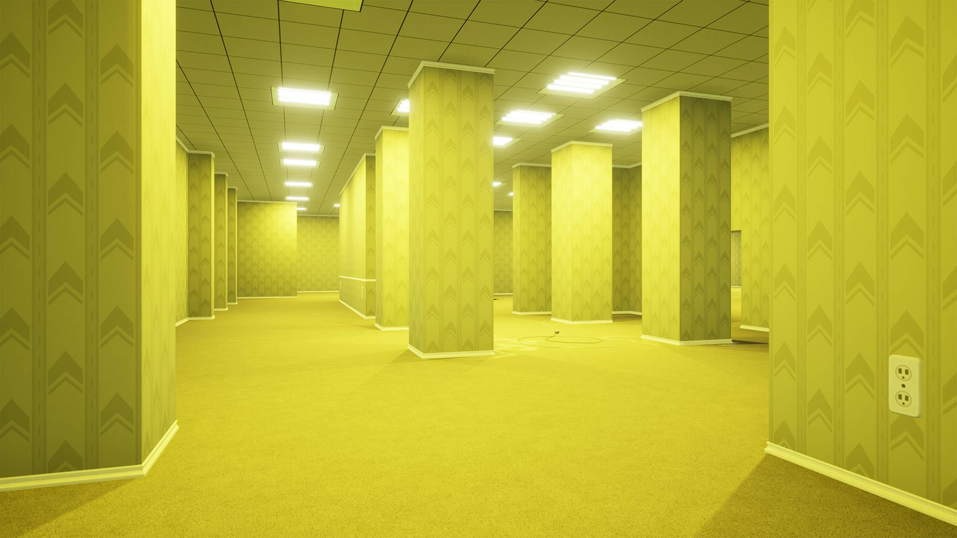 game 桌布 壁紙 — 一條空蕩蕩的復古辦公室走廊，沐浴在溫暖的黃光中，牆壁有圖案，地板鋪有地毯。