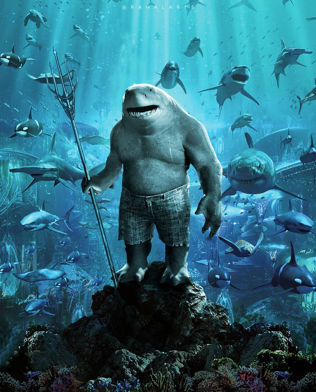 King Shark 桌布 壁紙 — 一條穿著泳褲的巨型鯊魚站在岩石礁上，手持三叉戟，被鯊魚和虎鯨包圍在碧藍的海洋深處。