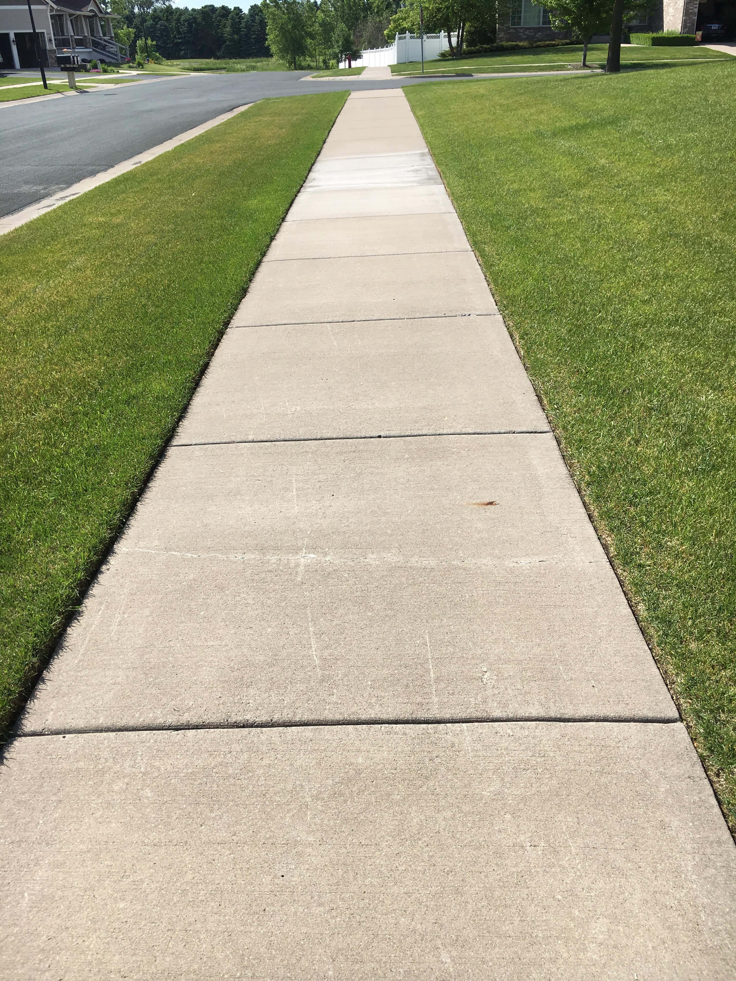 Sidewalk 桌布 壁紙 — 一條筆直的混凝土人行道穿過陽光明媚的郊區社區，兩旁是綠色的草坪和樹木。