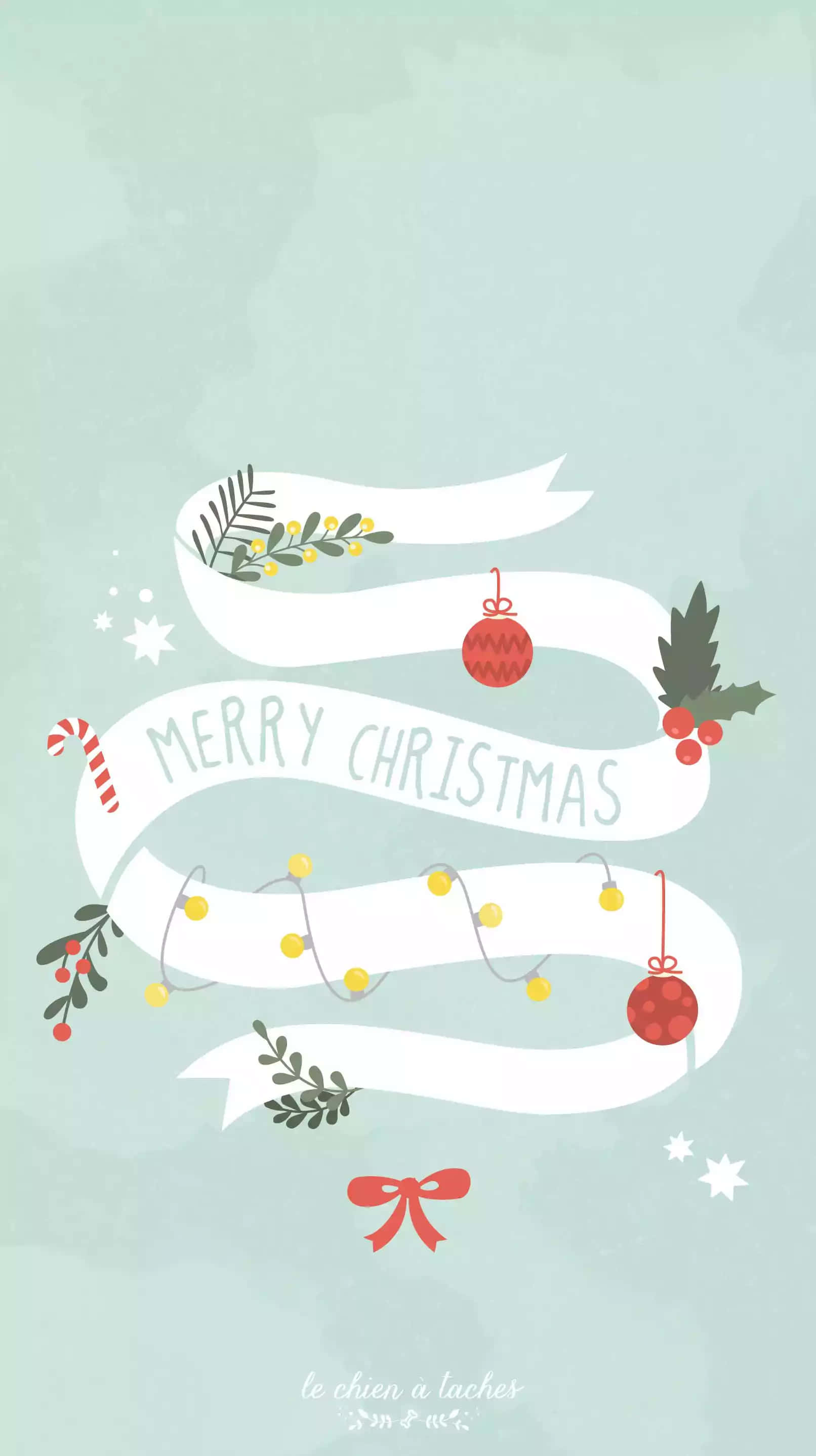 Cute Simple Christmas 桌布 壁紙 — 一條節日白色絲帶在柔和的薄荷色背景上蜿蜒，背景飾有冬青漿果、拐杖糖和發光的燈飾，拼出聖誕快樂。