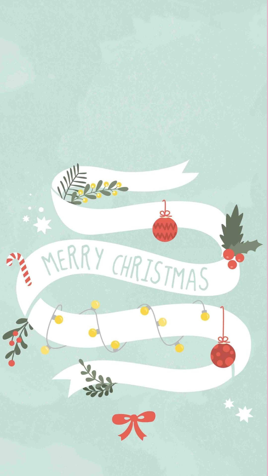 Kawaii Christmas 桌布 壁紙 — 一條節日白色絲帶在薄荷綠色背景上彎曲，背景飾有冬青漿果、拐杖糖和發光的燈串，拼出「聖誕快樂」。