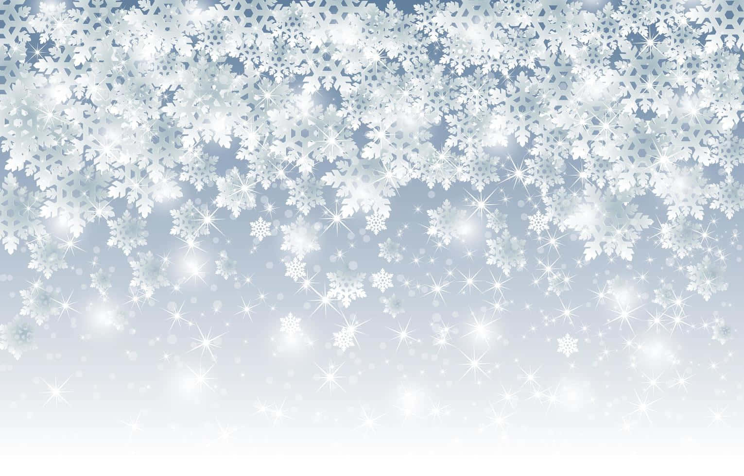 雪 桌布 壁紙 — 一條節日邊框，由精緻的白色雪花和閃爍的星星組成，背景是柔和的藍色漸變。