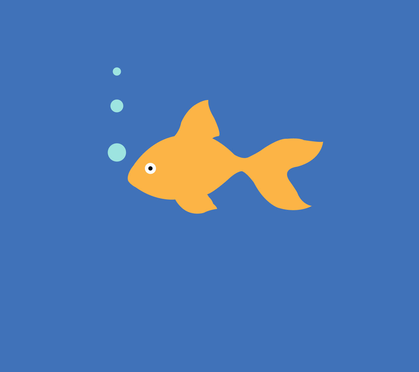 Cool Fish 桌布 壁紙 — 一條簡單的橙色魚向左游，背景為純藍色，有三個上升的淺藍色氣泡。