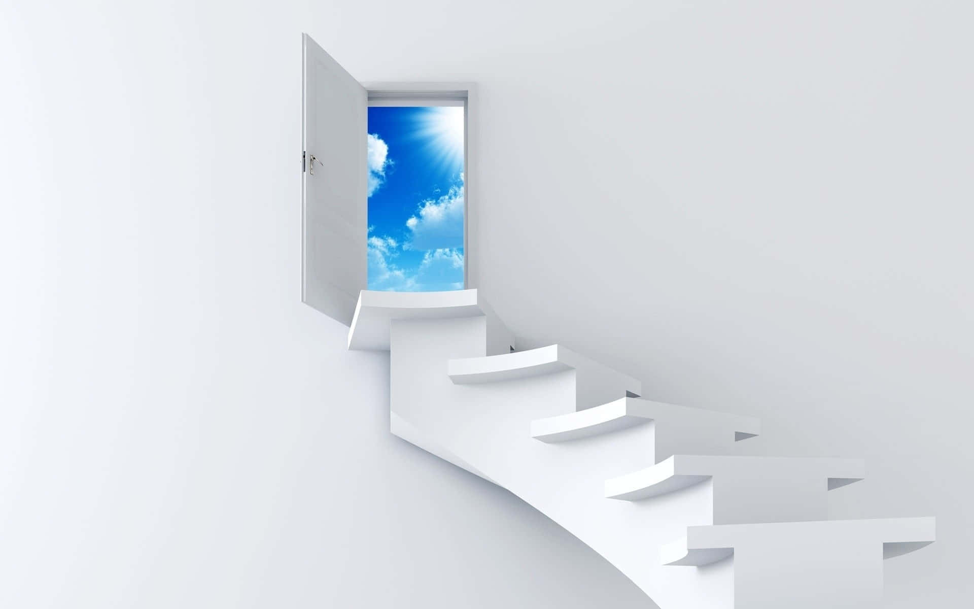 Stairway To Heaven 桌布 壁紙 — 一條簡約的白色樓梯通向一扇敞開的門，露出帶有蓬鬆雲朵的明亮藍天。