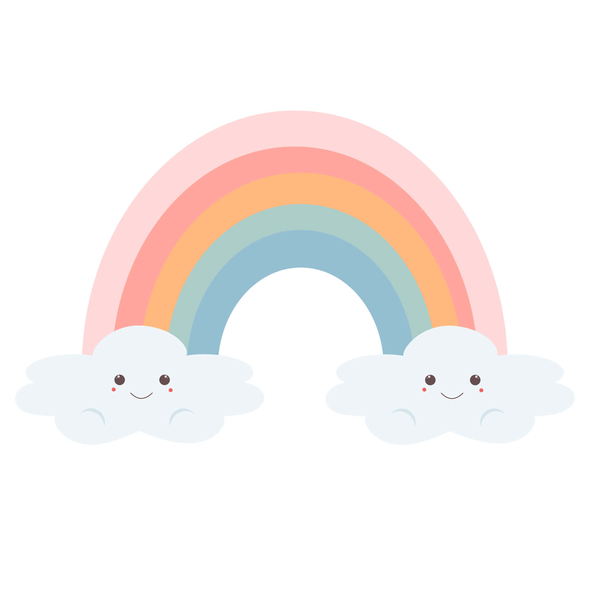 Cute Rainbow Pastel 桌布 壁紙 — 一條粉彩彩虹，兩端有微笑的雲朵，背景為純白色。
