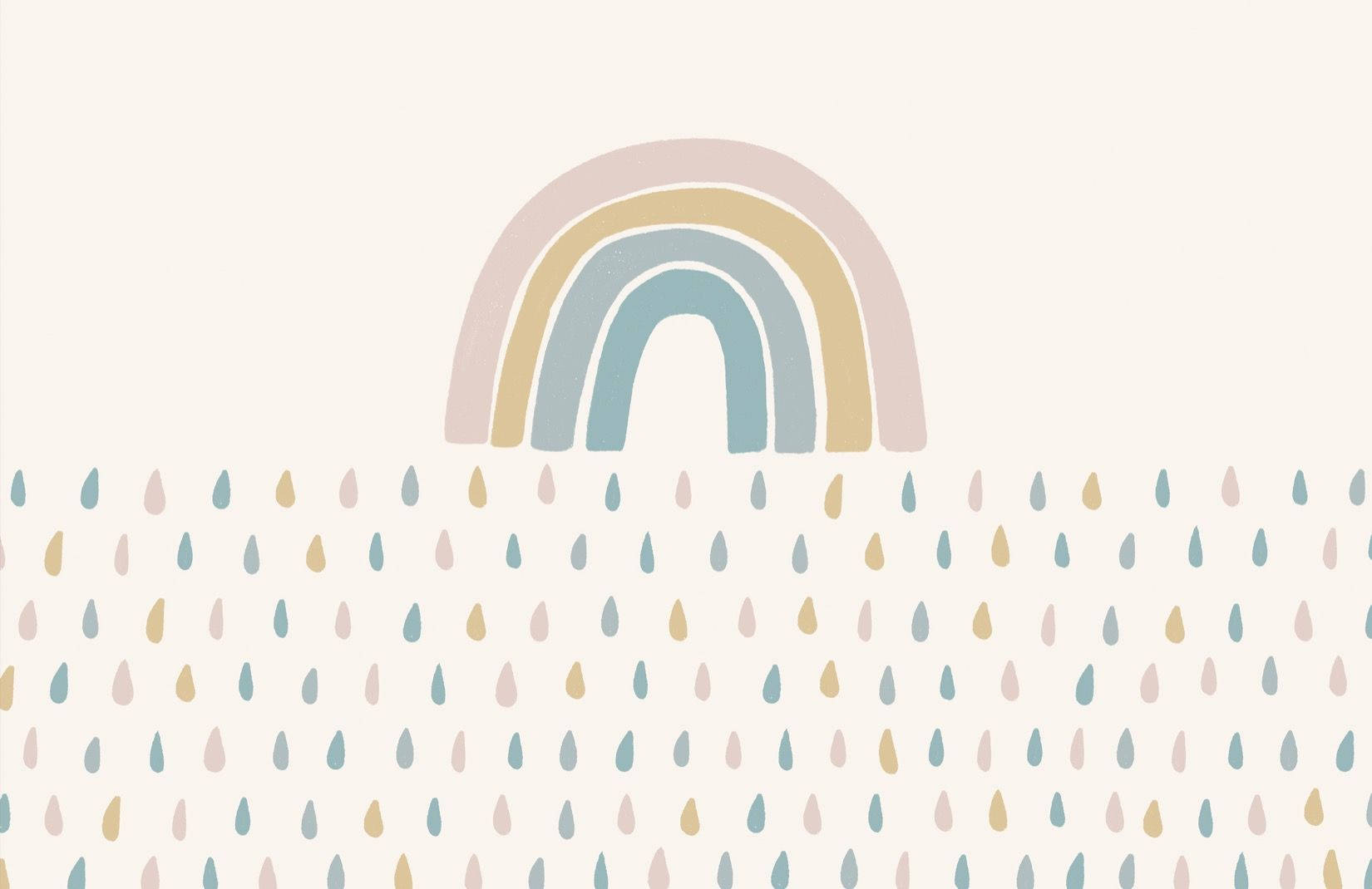 可愛粉彩 桌布 壁紙 — 一條粉彩彩虹拱起在充滿彩色雨滴的田野上，背景是柔和的奶油色。