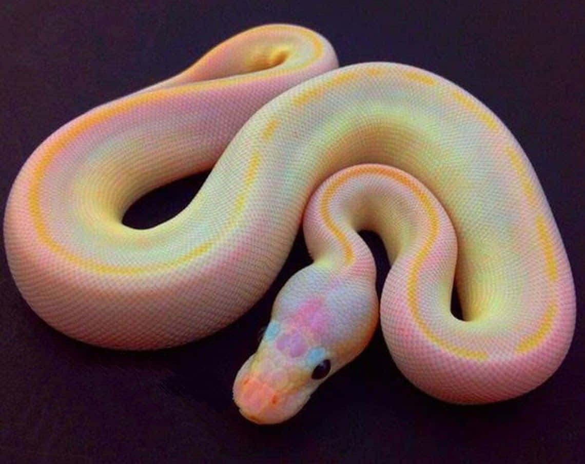 snakes 桌布 壁紙 — 一條粉彩彩虹蛇在深色背景上優雅地盤繞，其鱗片散發出柔和的粉紅色、黃色和藍色色調。