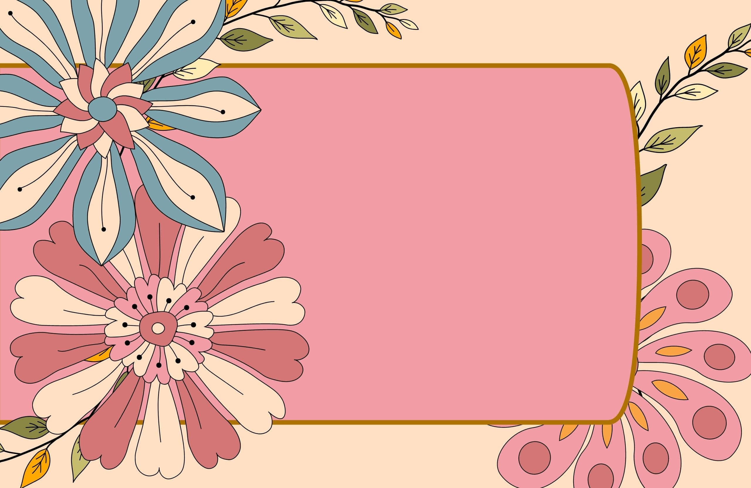 2560x1664 桌布 壁紙 — 一條粉彩花卉邊框，帶有風格化的粉紅色、藍色和奶油色花朵，在米色背景上框出一個柔和的粉紅色矩形空間。