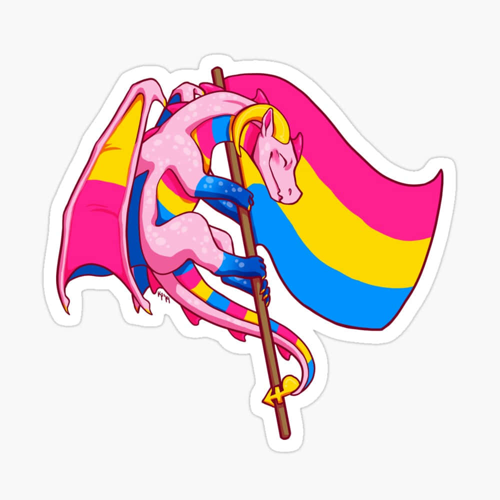 LGBT 桌布 壁紙 — 一條粉紅色帶彩虹條紋的龍蜷縮在一根法杖上睡覺，背景是飄揚的彩虹旗。