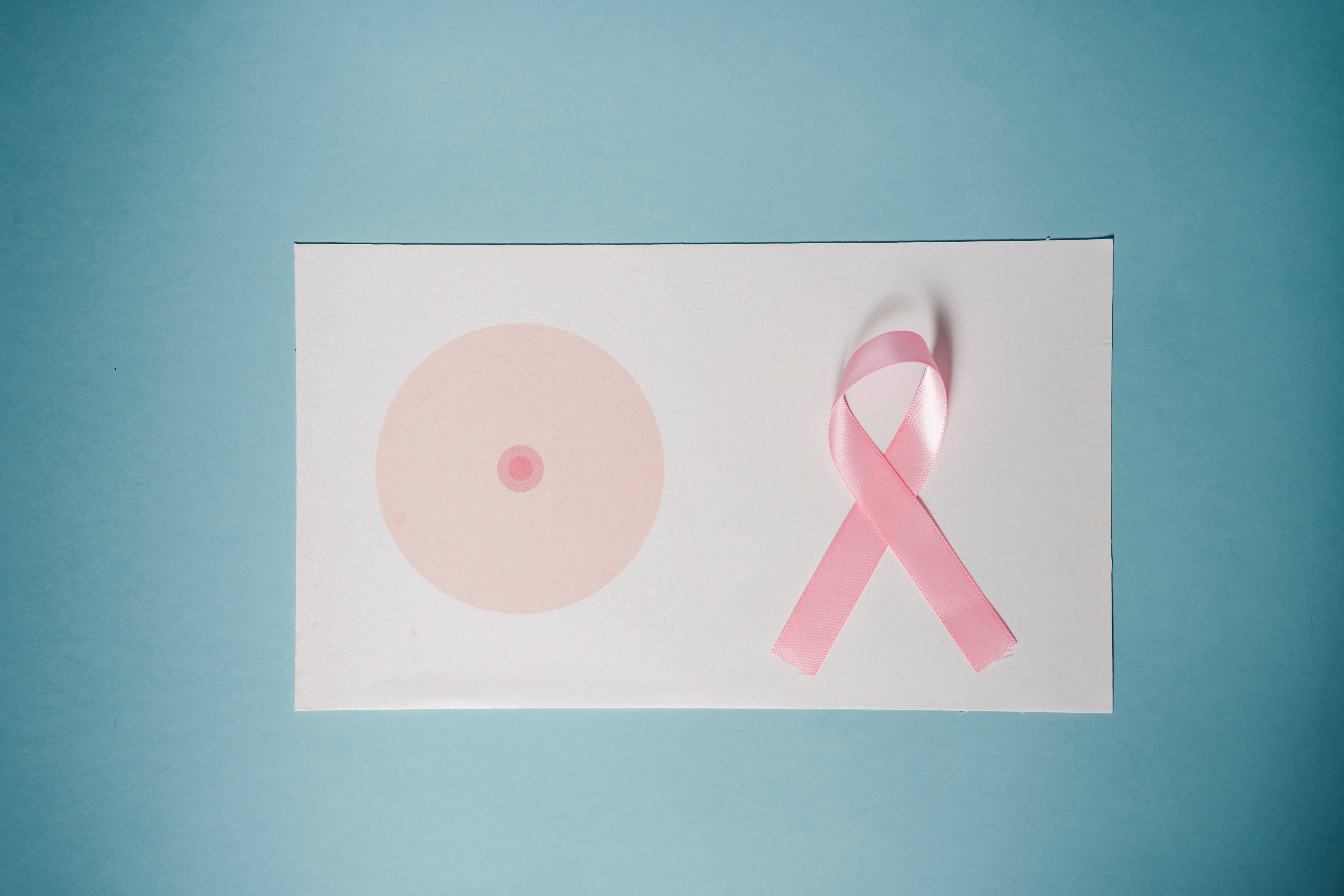 Breast Cancer Awareness 桌布 壁紙 — 一條粉紅色的乳癌意識絲帶和乳房剪影放在白色紙上，背景是柔和的藍色。
