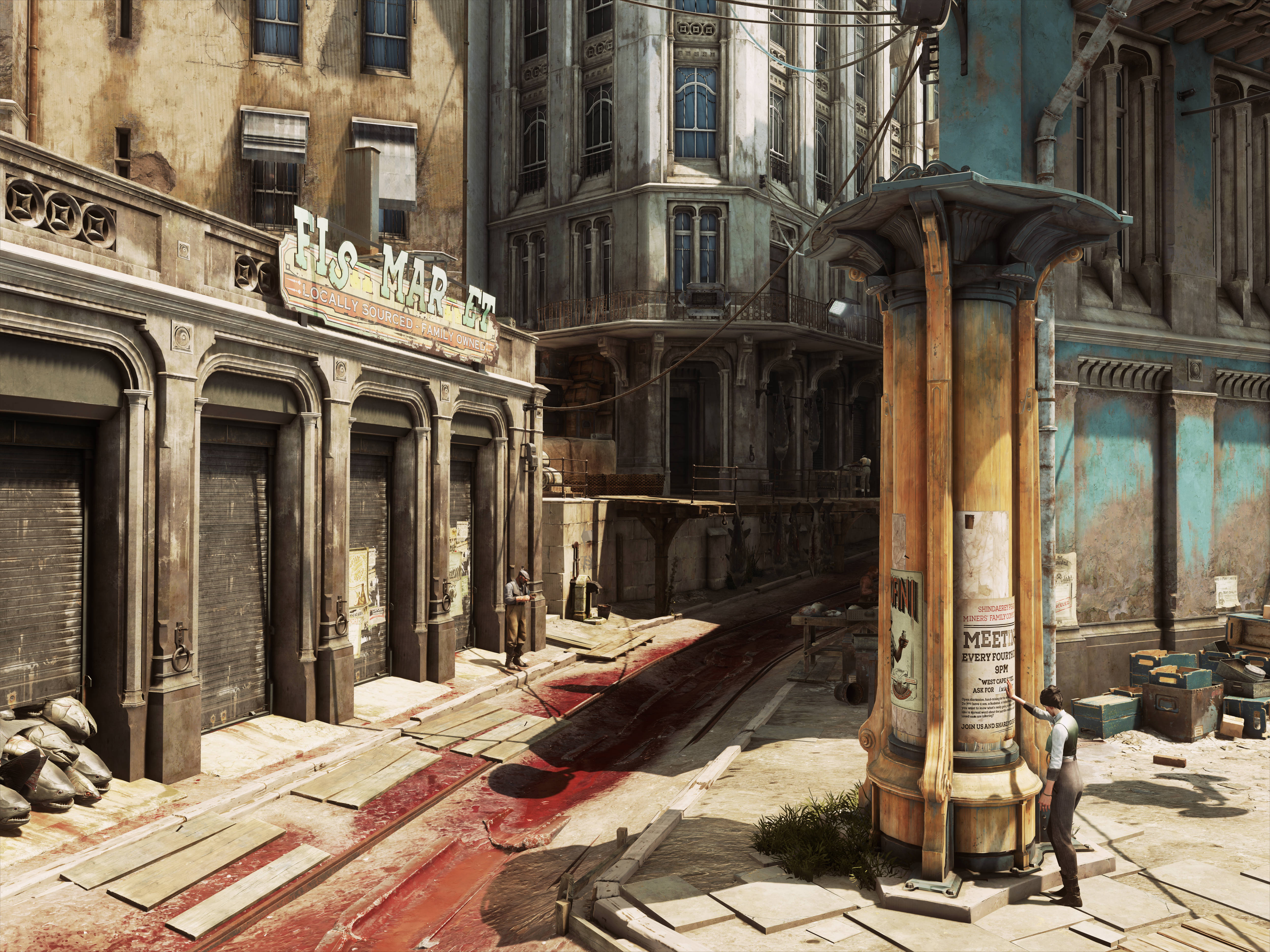 Dishonored 2 桌布 壁紙 — 一條粗糙的城市小巷，有風化的建築物和一名工人在刺眼的日光下清潔有污漬的柱子。