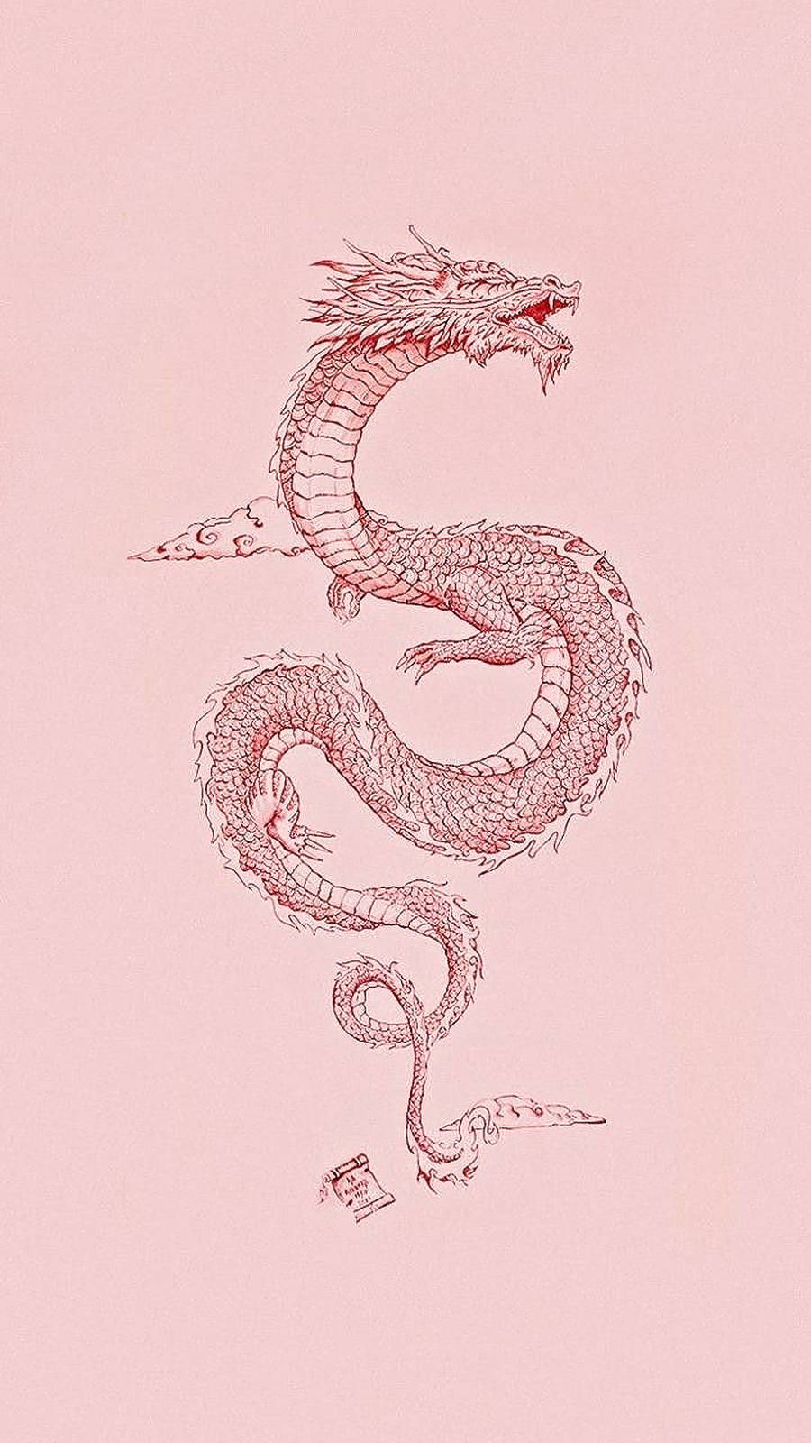 Japanese Dragon Tattoo 桌布 壁紙 — 一條精細的線條藝術龍在柔和的粉紅色背景上優雅地盤旋，帶有微妙的雲朵點綴。