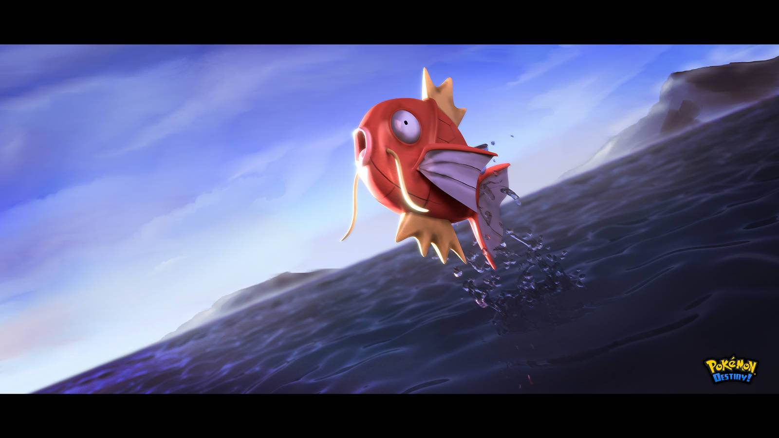Magikarp 桌布 壁紙 — 一條紅色動畫魚在陰天藍天下從黑暗的海浪中戲劇性地躍出。