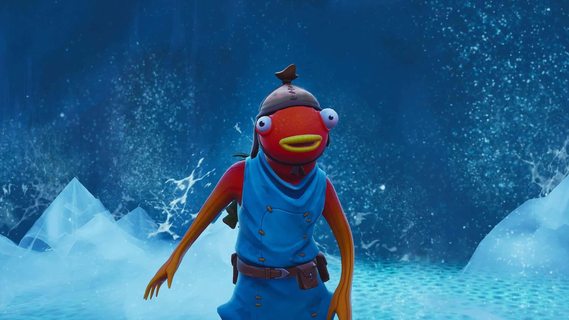 Fortnite Fishstick 桌布 壁紙 — 一條紅色魚角色穿著藍色水手服，站在冰水中，雪花飄落在晶瑩的冰層周圍。