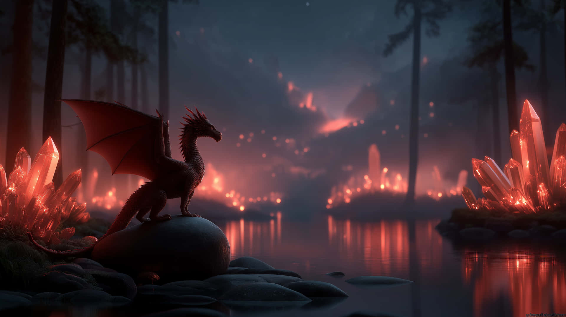 Dragon on Rocky Outcrop amidst Luminous Crystals and Water 壁紙 — 一條紅龍棲息在岩石上，旁邊是發光的橙色水晶，在薄暮時分的迷霧森林中。