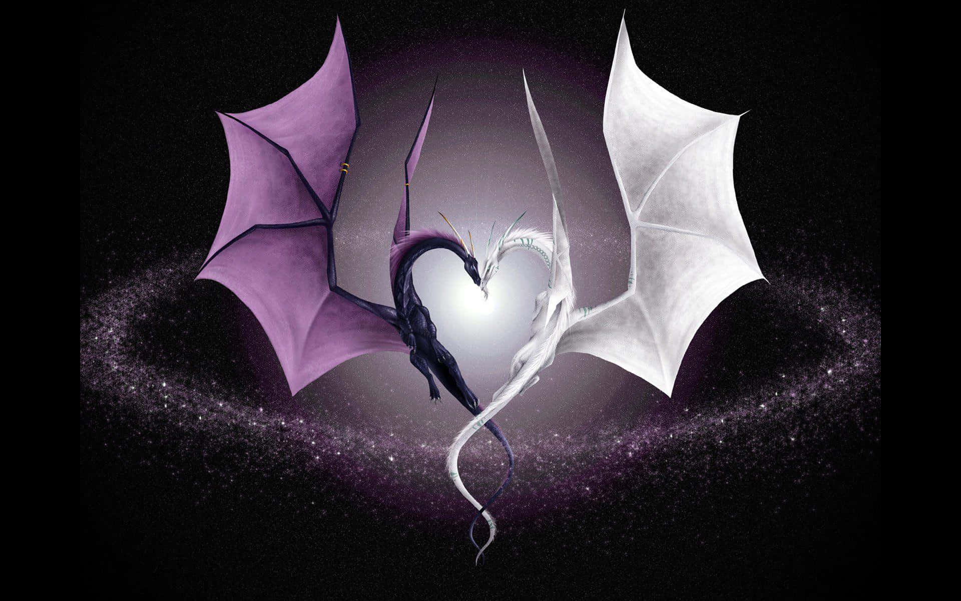 Dark Love 桌布 壁紙 — 一條紫色和白色的龍在星空宇宙背景下纏繞成心形。