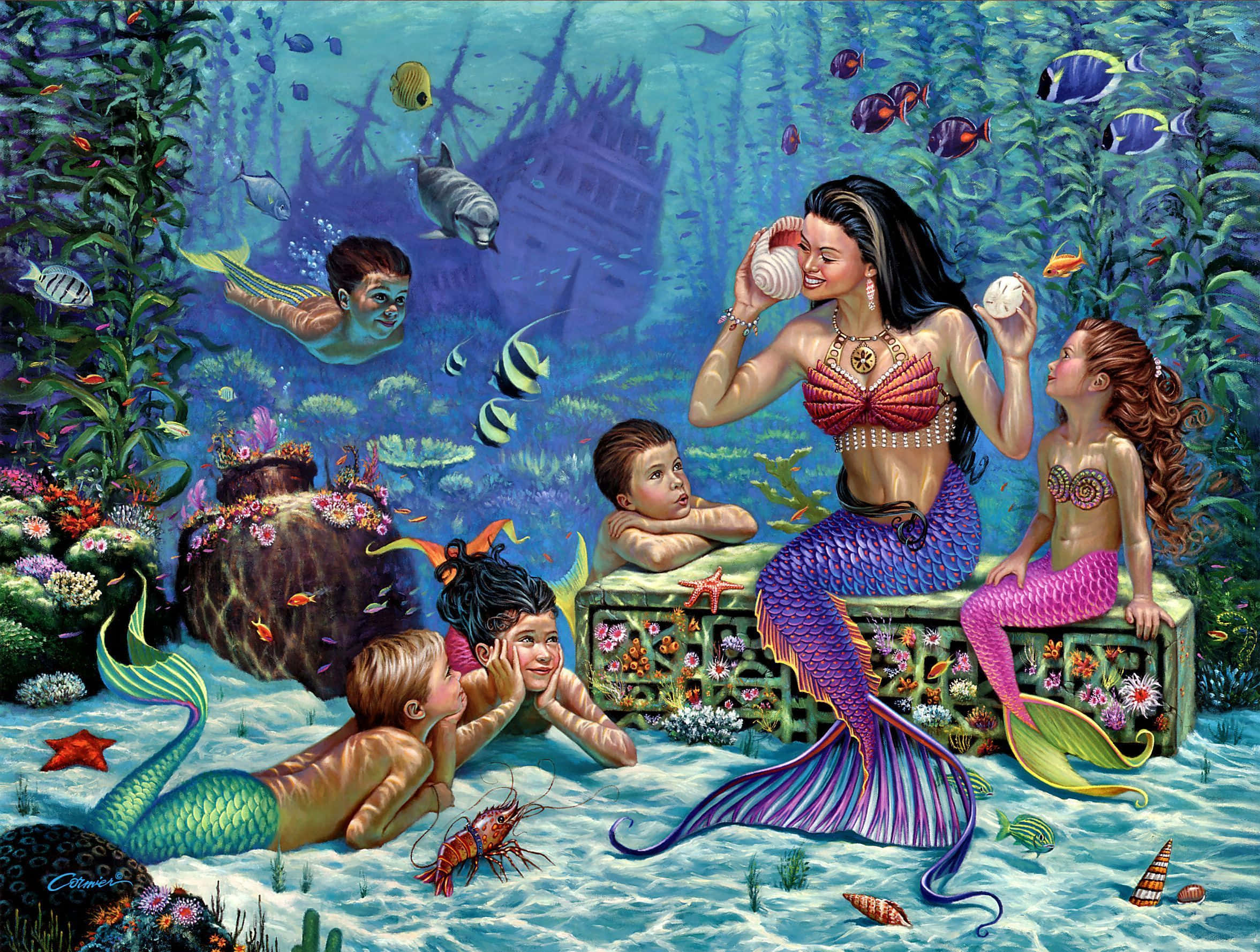Painting 桌布 壁紙 — 一條紫色尾巴的美人魚坐在珊瑚王座上，在水下教導孩子們，色彩繽紛的魚兒在沉船周圍游動。