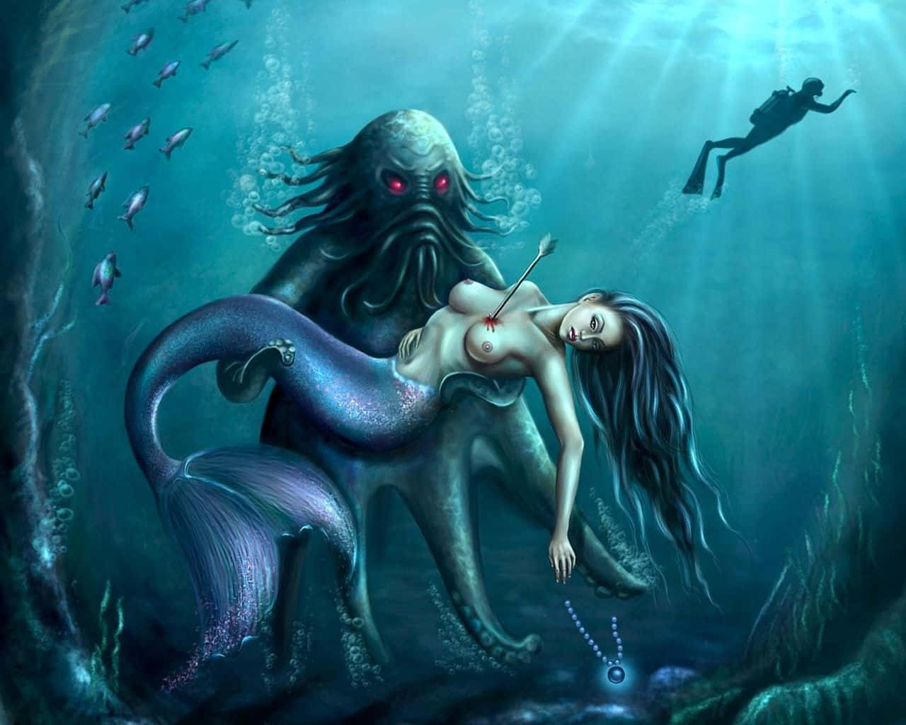 Real Mermaid 桌布 壁紙 — 一條紫色尾巴的美人魚被箭刺穿，同時被一隻帶有威脅性的紅眼章魚在水底抓住，附近還有一位潛水員。