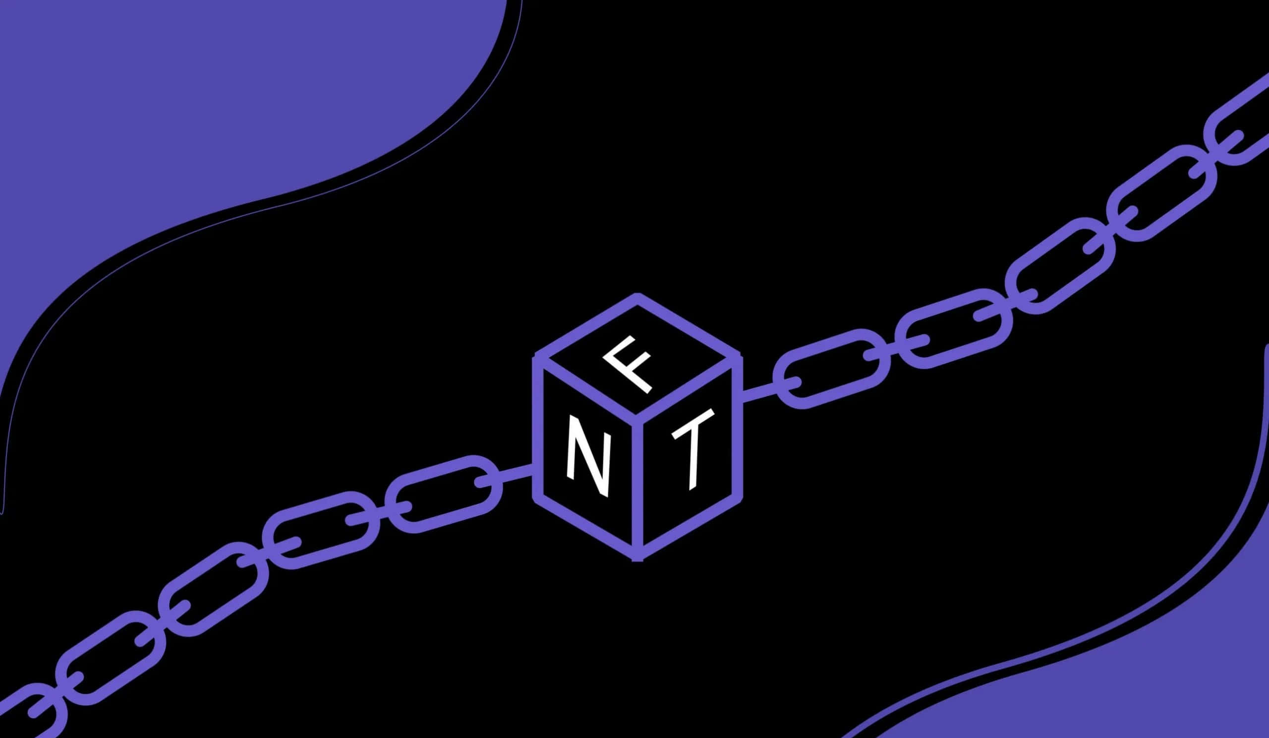 NFT 桌布 壁紙 — 一條紫色鏈條將一個帶有NET字母的立方體連接到黑色和紫色的抽象背景上。