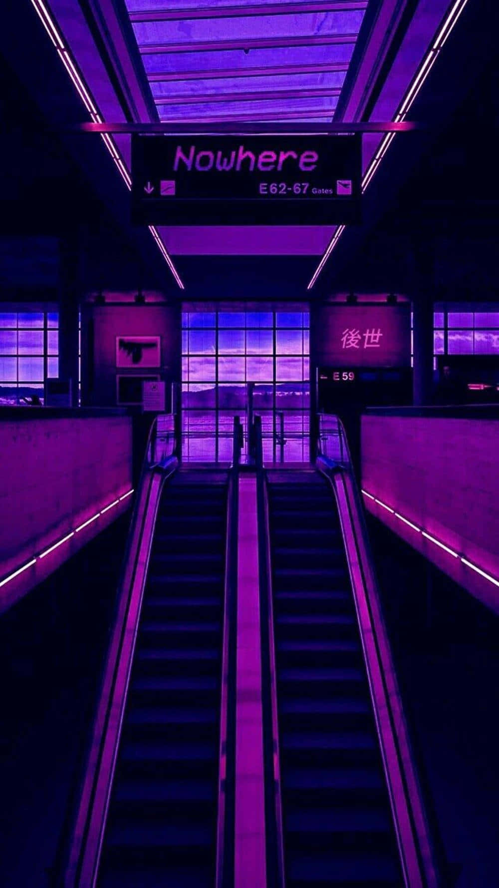 Lavender 桌布 壁紙 — 一條紫色霓虹燈照亮的扶手電梯向下通往一個寫著「Nowhere」的標誌，背景是黃昏的天空。