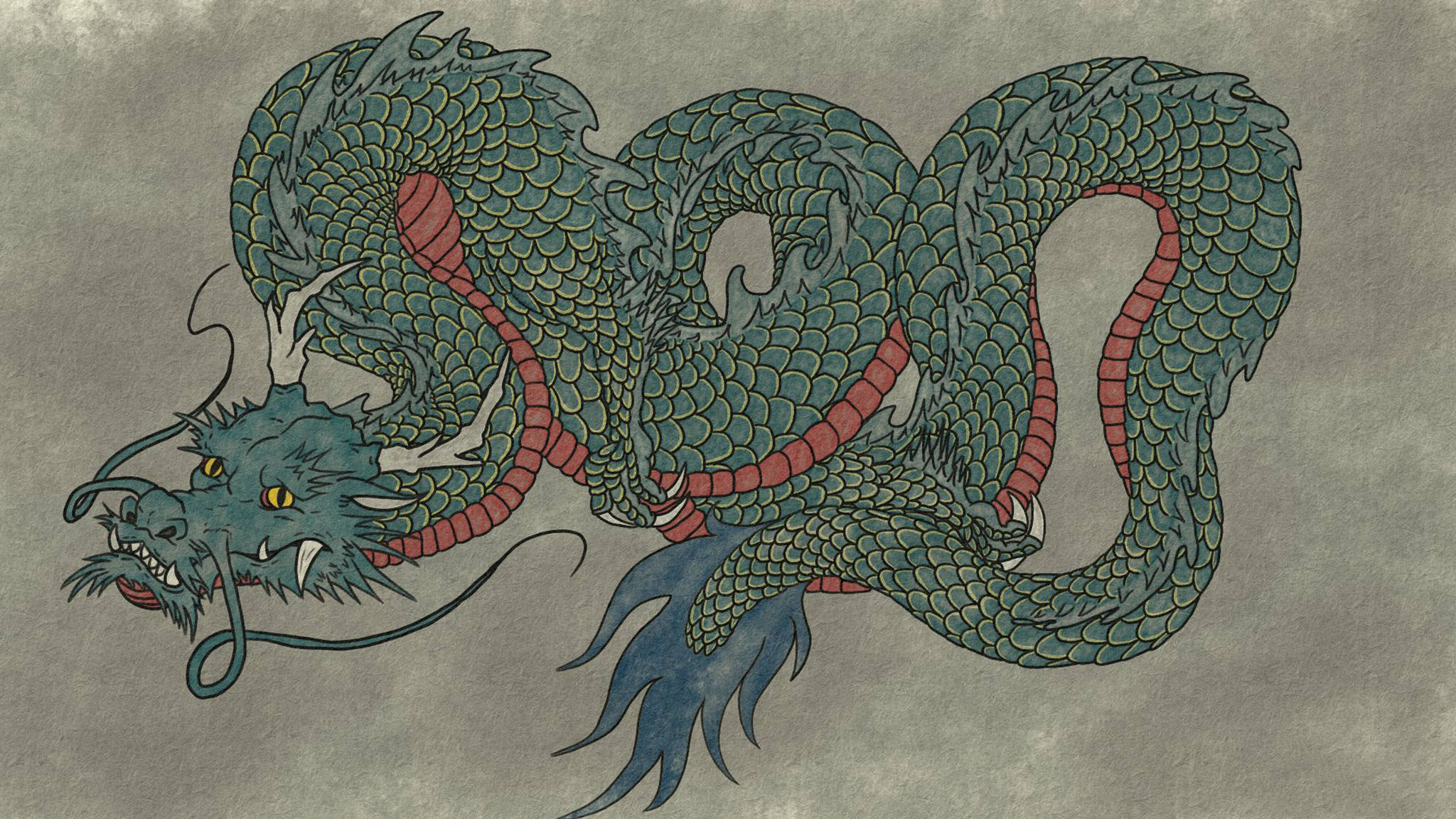 Eastern 桌布 壁紙 — 一條細節豐富的綠色龍，紅色腹部，在紋理灰色背景上動態盤繞。