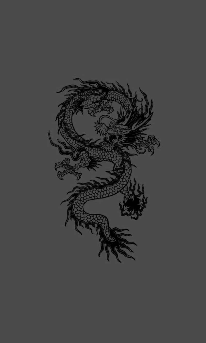 Tumblr White 桌布 壁紙 — 一條細節豐富的黑色水墨龍在純深灰色背景上動態盤繞。